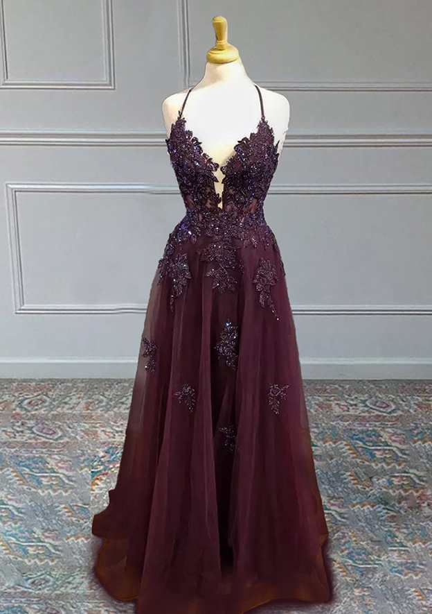 A-Line V-Neck Spaghetti Straps Tulle Prom Dress/Evening Dress With Beading Sequins Appliqued - Fashionpara