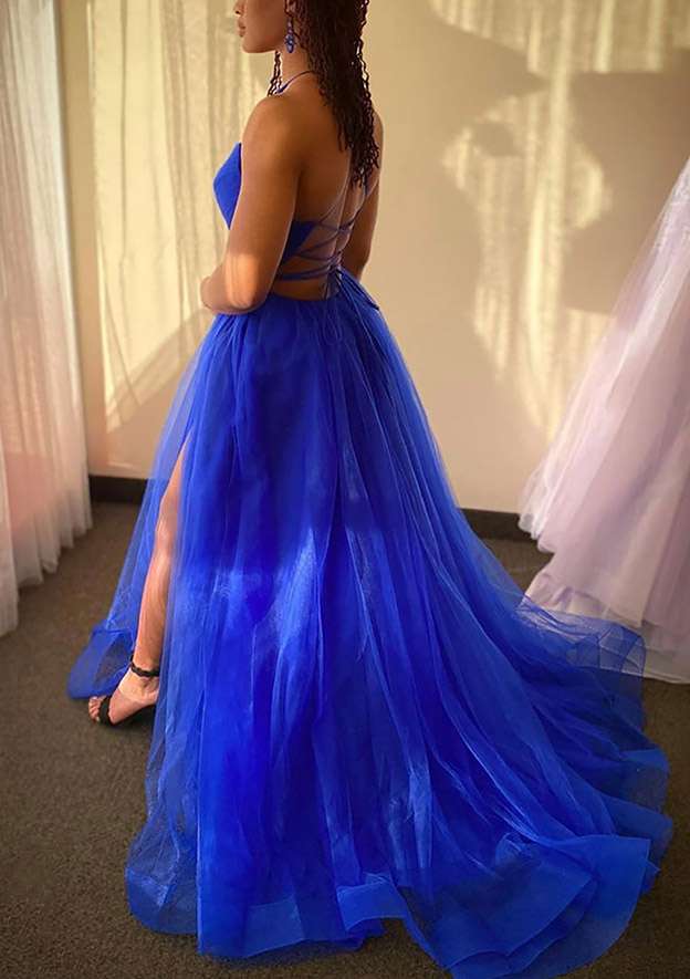 A-Line V-Neck Spaghetti Straps Tulle Prom Dress/Evening Dress With Split and Sweep Train - Fashionpara