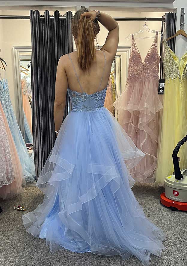 A-Line V-Neck Tulle Charmeuse Prom Dress/Evening Dress with Appliqued Laced - Fashionpara