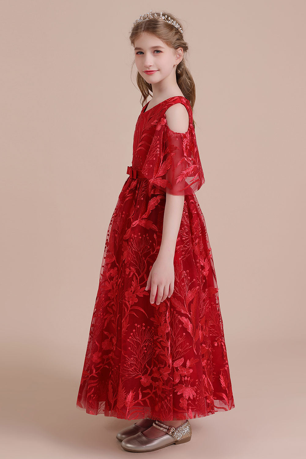 A-Line V-neck Tulle Cold-shoulder Flower Girl Dress On Sale - Fashionpara