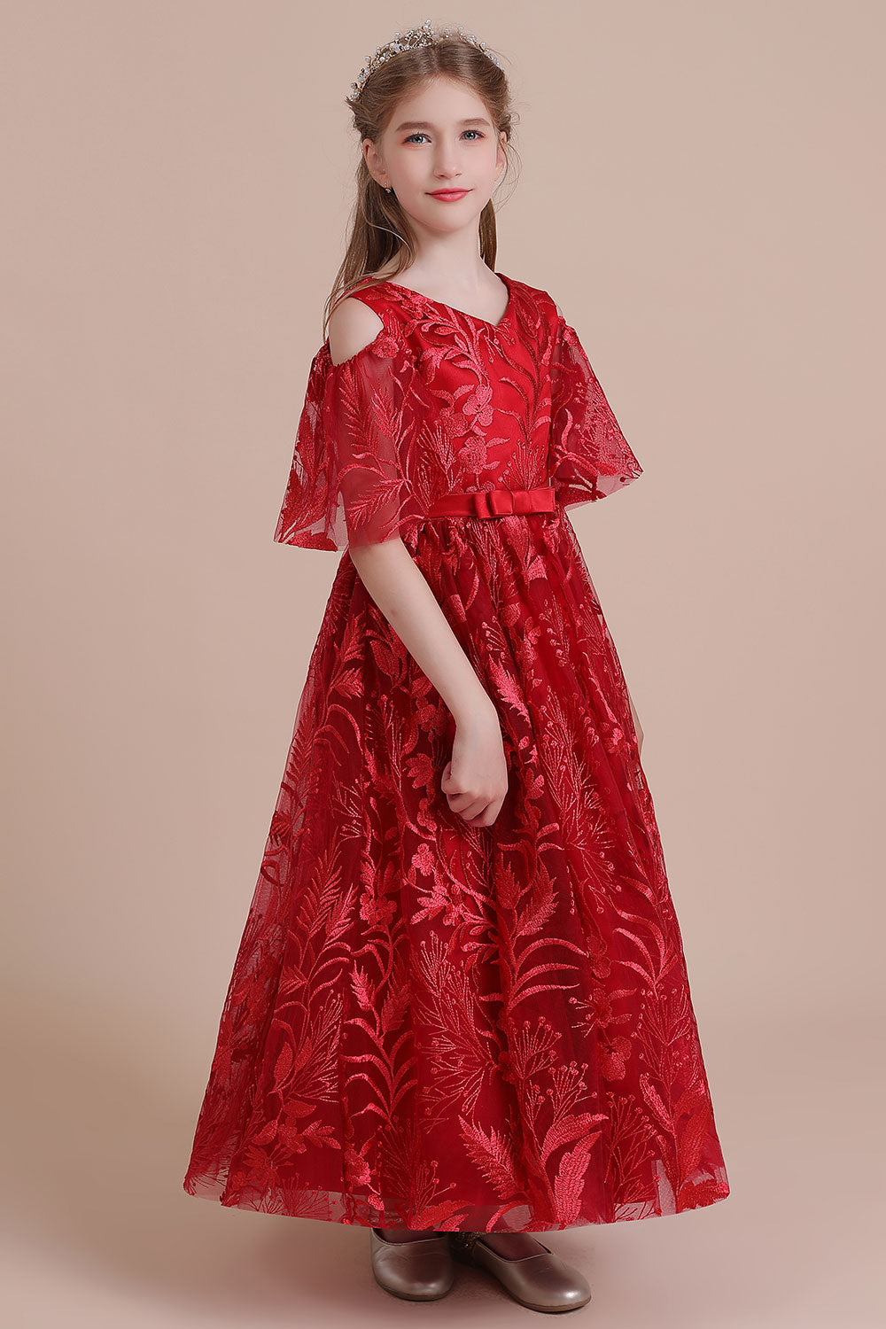 A-Line V-neck Tulle Cold-shoulder Flower Girl Dress On Sale - Fashionpara