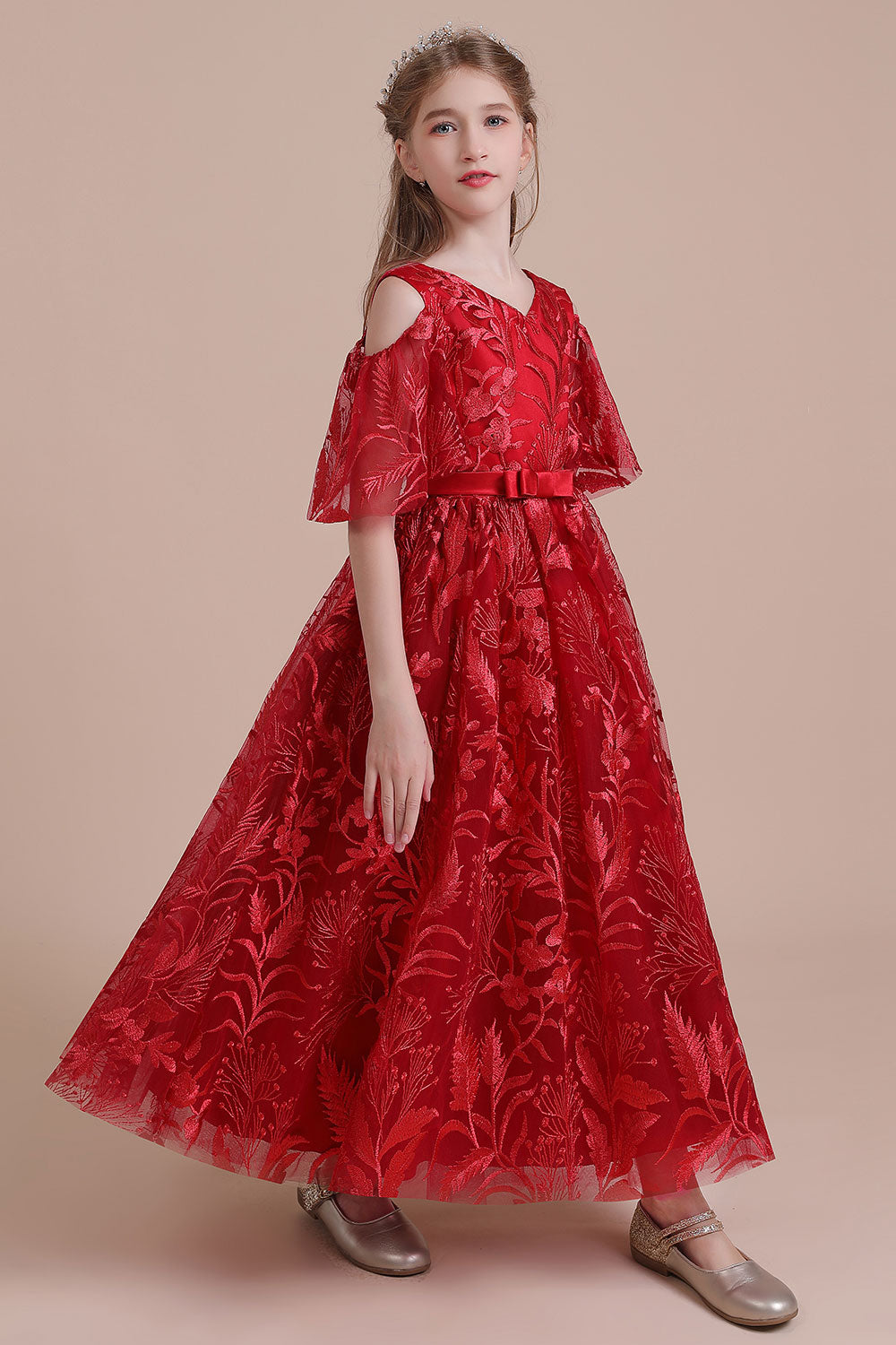 A-Line V-neck Tulle Cold-shoulder Flower Girl Dress On Sale - Fashionpara