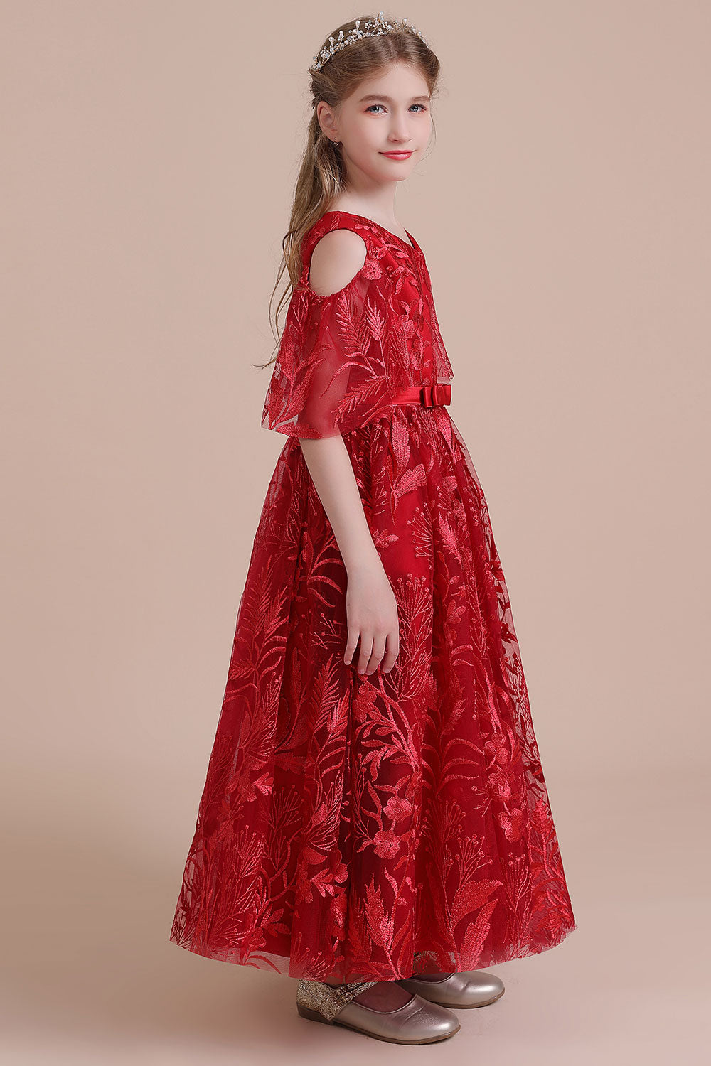 A-Line V-neck Tulle Cold-shoulder Flower Girl Dress On Sale - Fashionpara