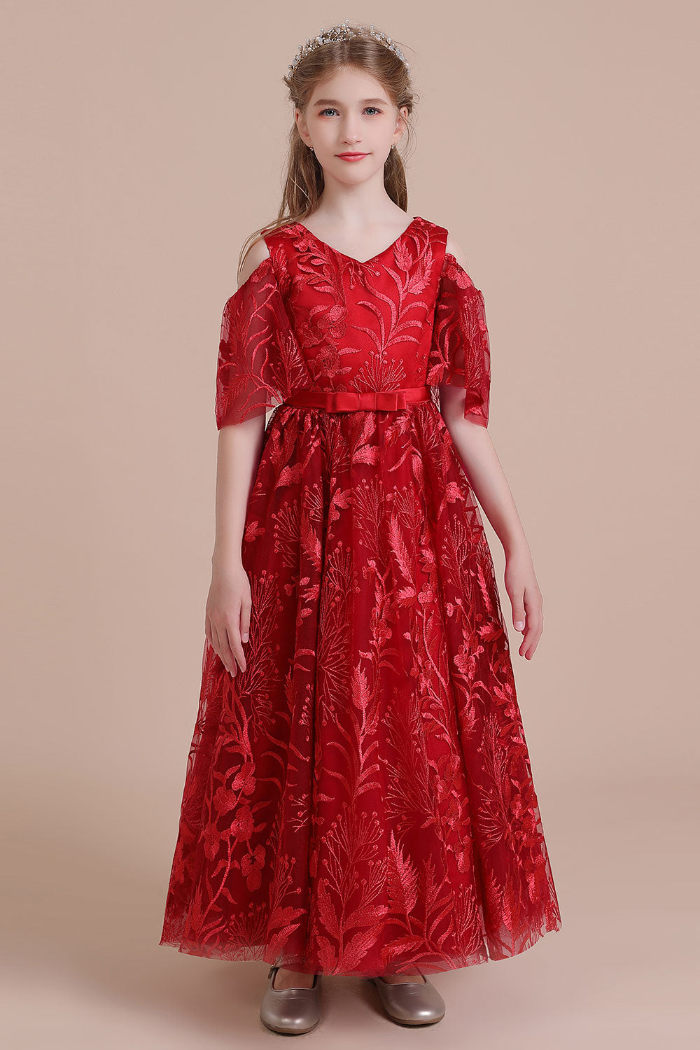 A-Line V-neck Tulle Cold-shoulder Flower Girl Dress On Sale - Fashionpara