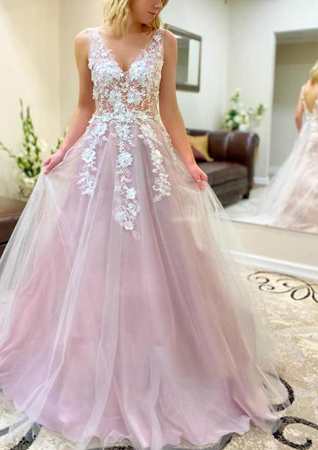 A-Line V-Neck Tulle Prom Dress/Evening Dress with Appliqu¨¦ - Long/Floor-Length - Fashionpara