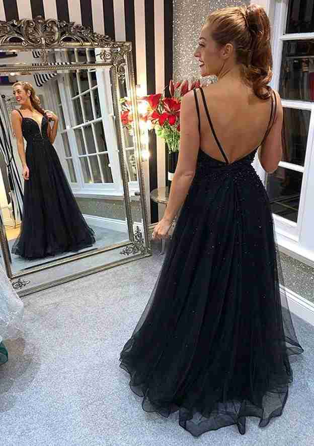 A-Line V-Neck Tulle Prom Dress/Evening Dress with Beading and Spaghetti Straps - Fashionpara