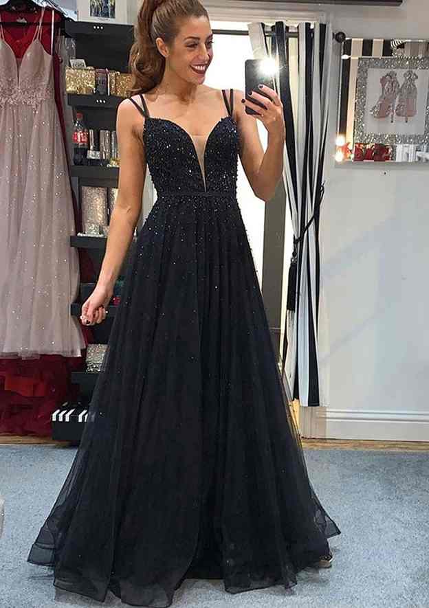 A-Line V-Neck Tulle Prom Dress/Evening Dress with Beading and Spaghetti Straps - Fashionpara