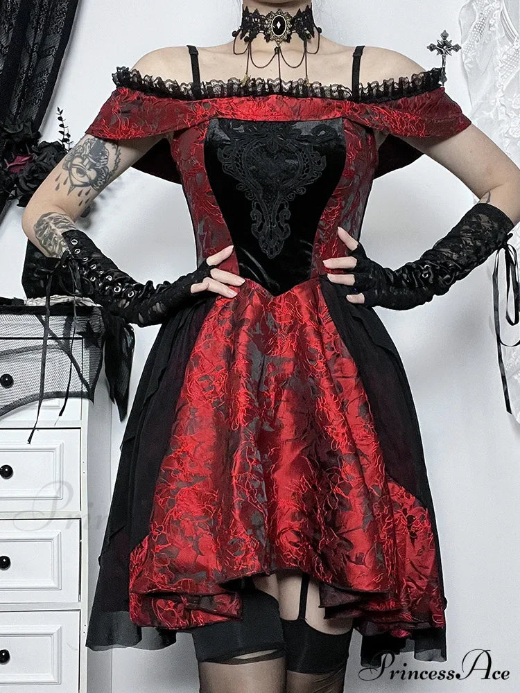 A-Line Vintage Off Shoulder Lace Trim Floral Medieval Steampunk Halloween Dress