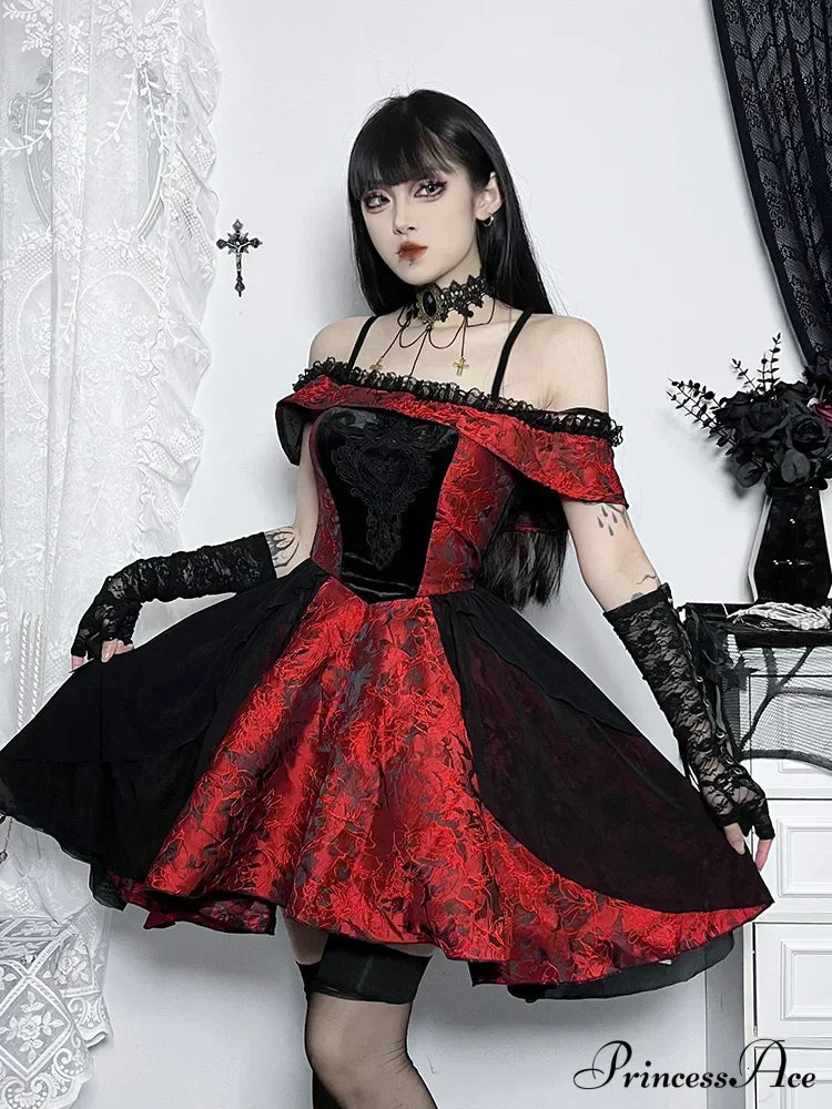 A-Line Vintage Off Shoulder Lace Trim Floral Medieval Steampunk Halloween Dress