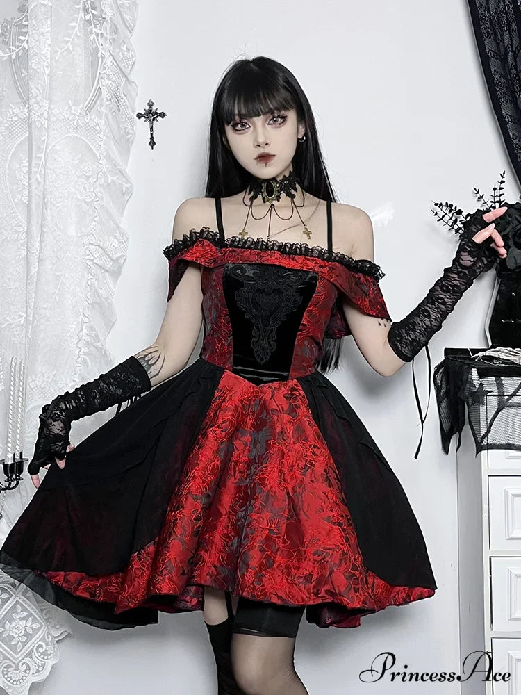 A-Line Vintage Off Shoulder Lace Trim Floral Medieval Steampunk Halloween Dress Claret / S