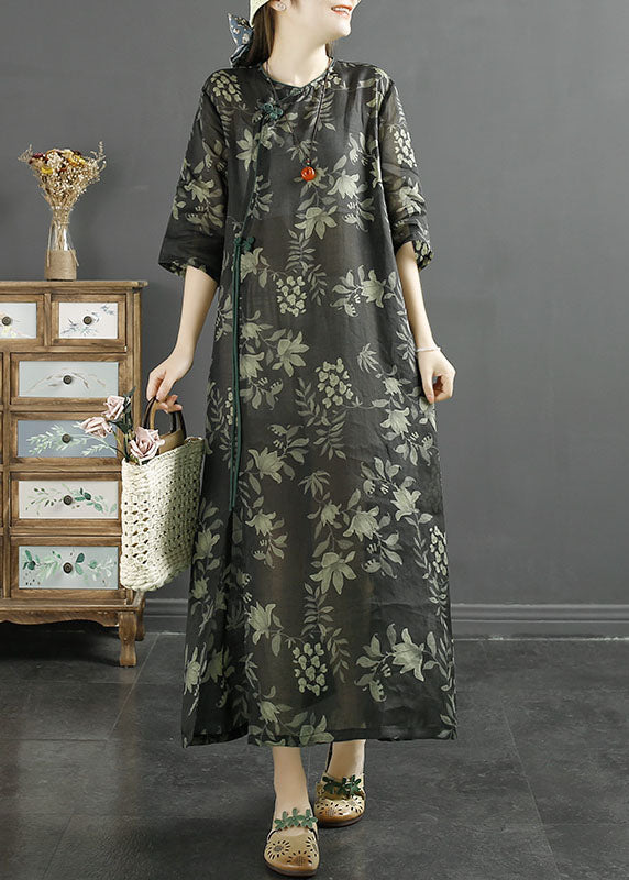 Botanical Print Frog Button Cheongsam Three Quarter Sleeve Maxi Dress