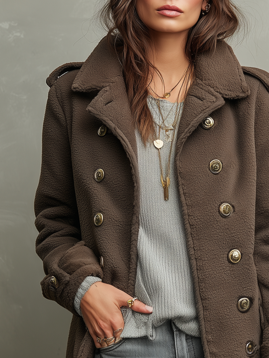 Vintage Teddy Polyester Fleece Military Style Coat - Fashionpara