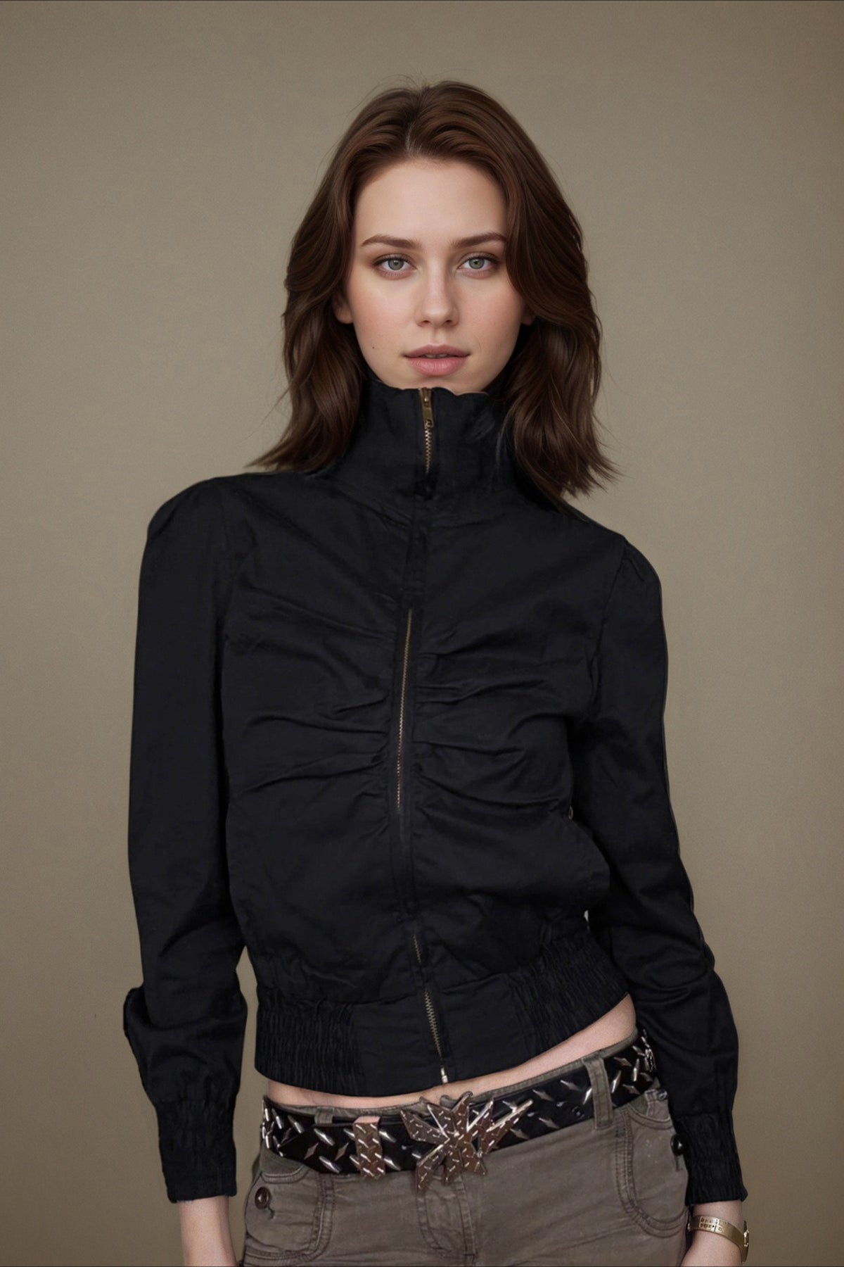 Ribbed Zipped High Neck Jacket