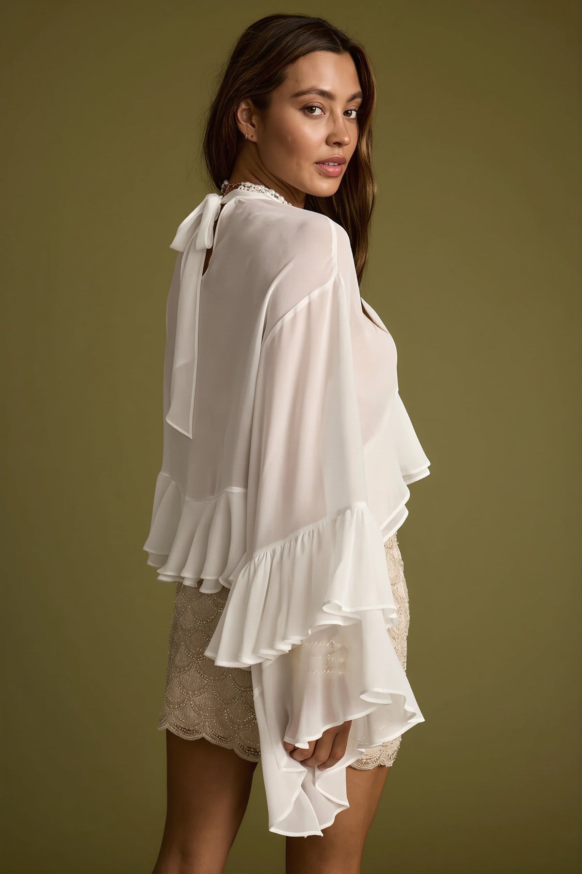 Cropped Ruffle Cape Sleeve Blouse