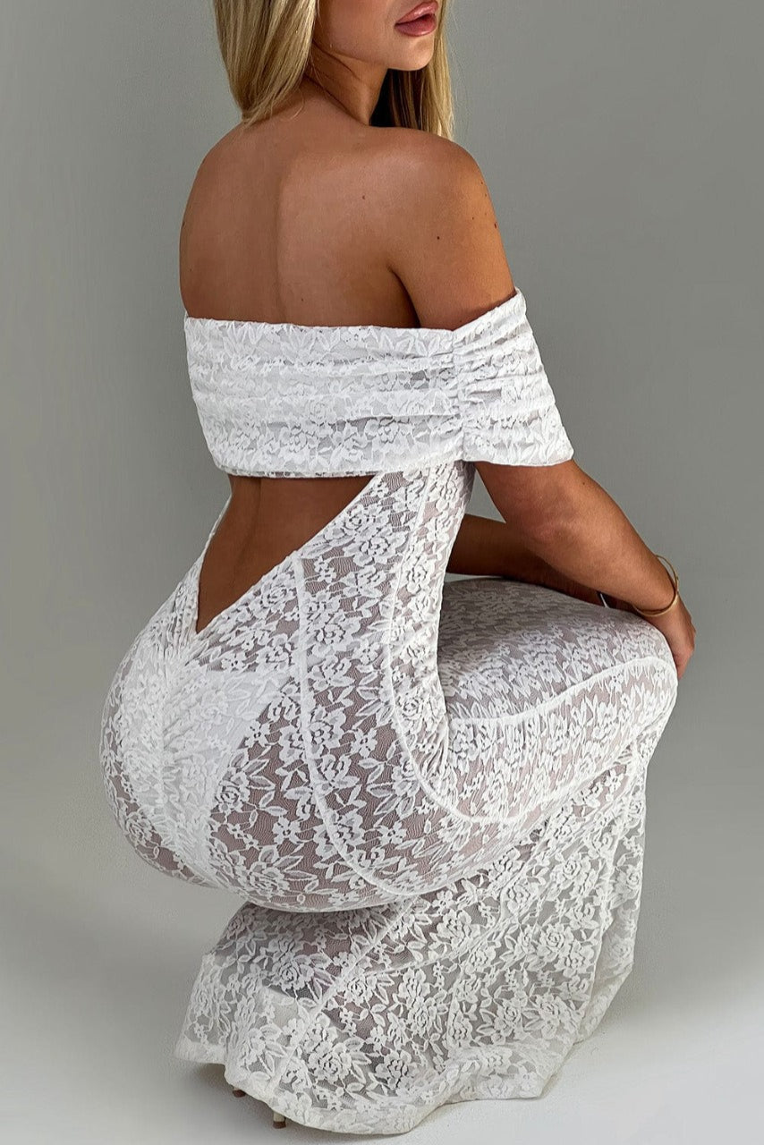 Sheer Floral Lace Off-Shoulder Mermaid Maxi Gown