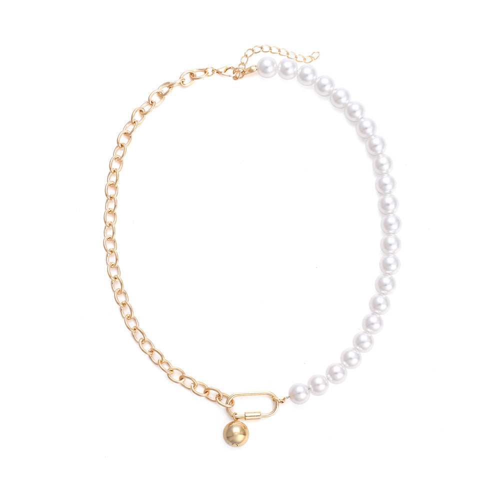 Pearl Lock Metal Stitching Necklace