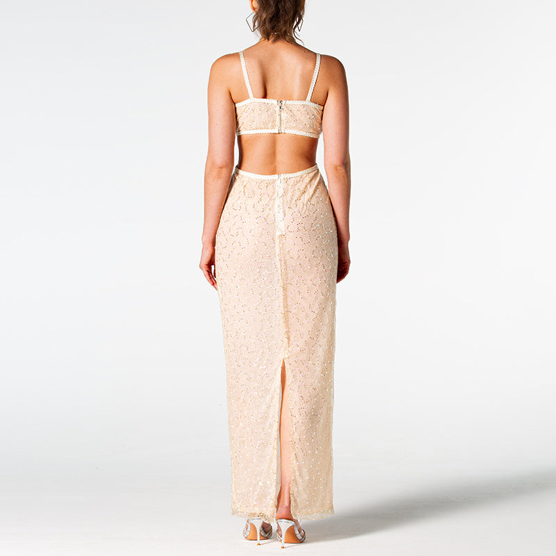 Embellished Sheer Halter Neck Cutout Maxi Gown