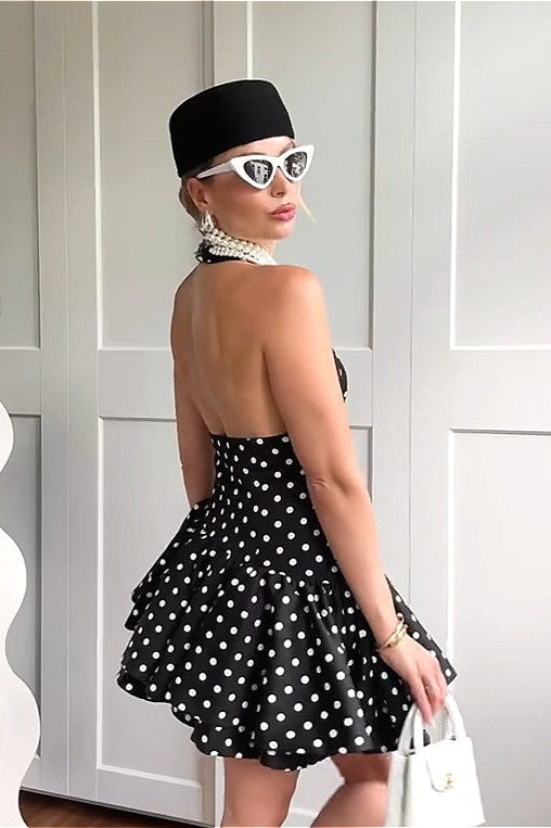 Polka Dot Halter Neck Plunge Tiered Skater Mini Dress