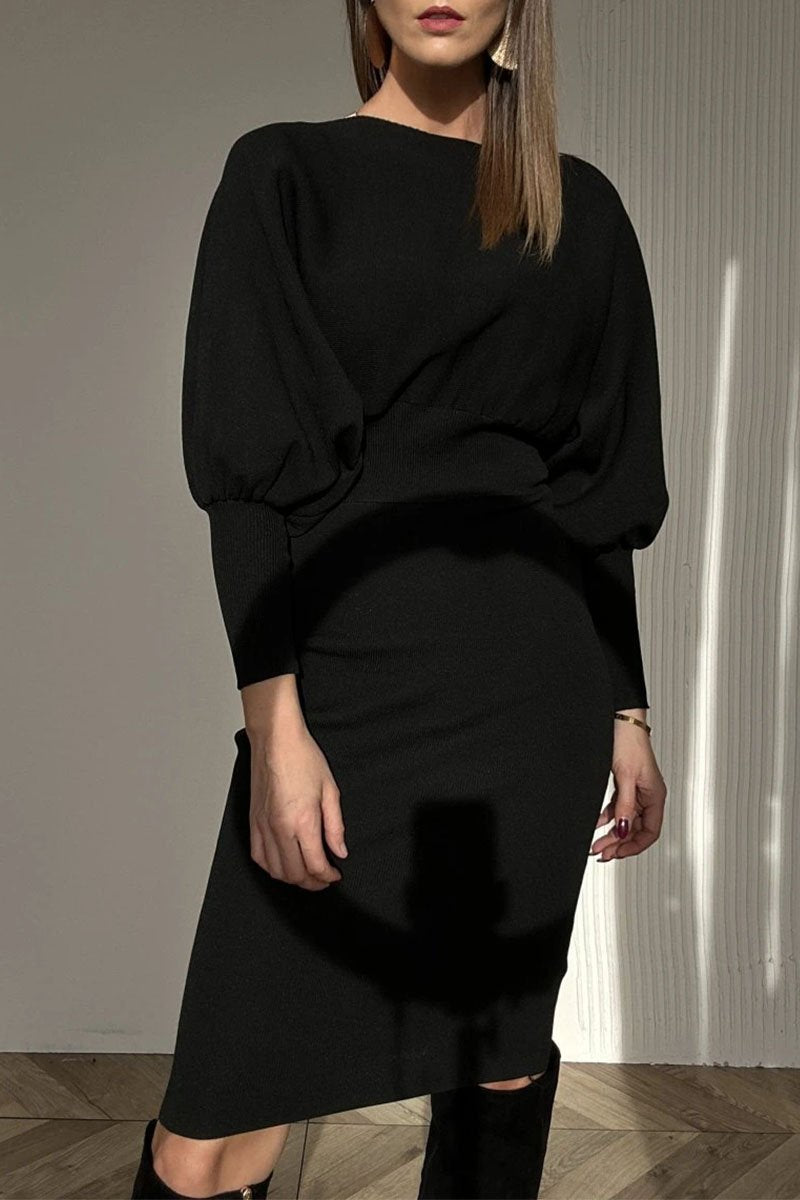 Boat Neck Batwing Sleeve Ribbed Waist Knit Midi Dress 6