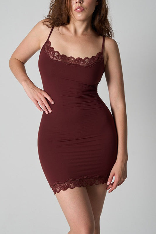 Scoop-Neck Lace-Trim Spaghetti Strap Bodycon Mini Dress