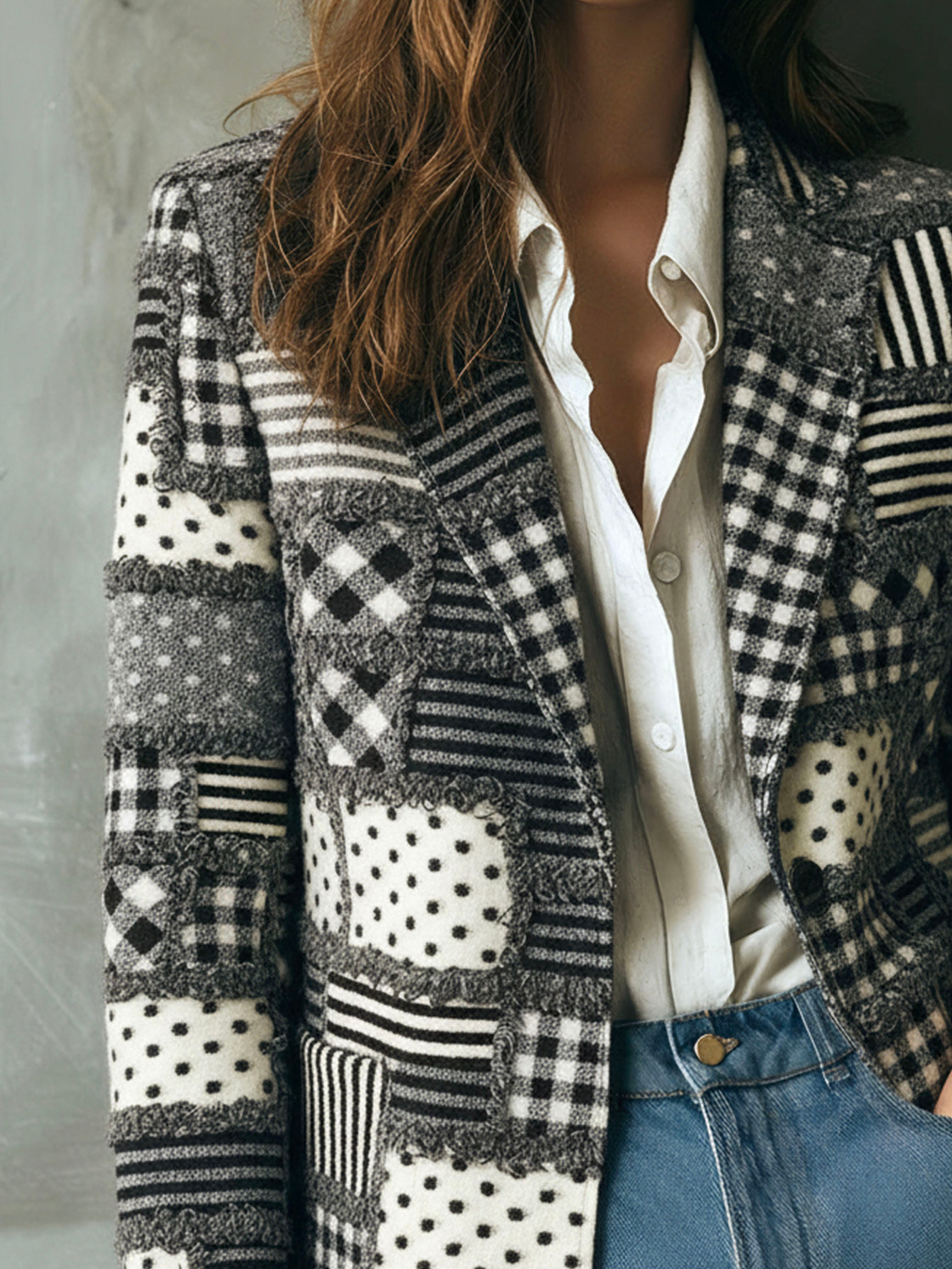 Vintage Plaid And Polka Dot Pattern Patchwork Wool Blazer - Fashionpara