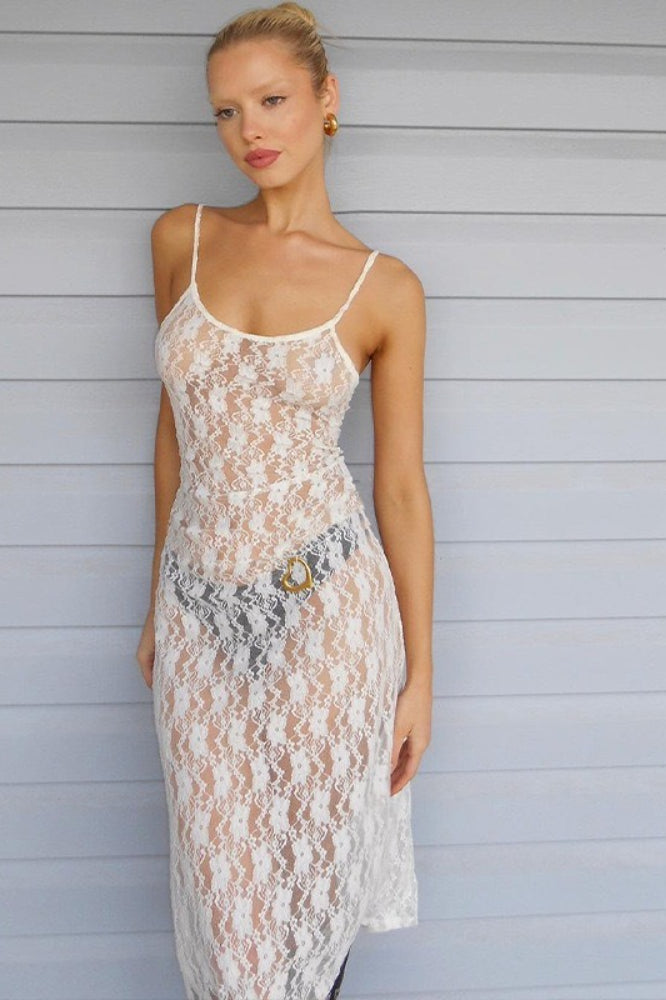 Sheer Lace Scoop Neck Bodycon Maxi Dress