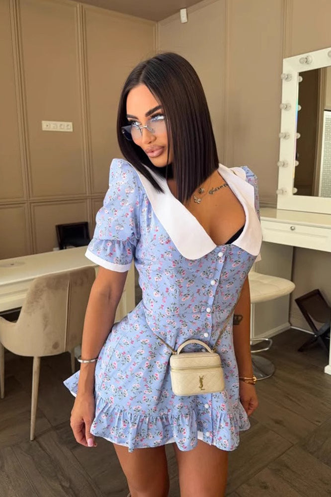 Ruffled Collar Floral Work Dress
