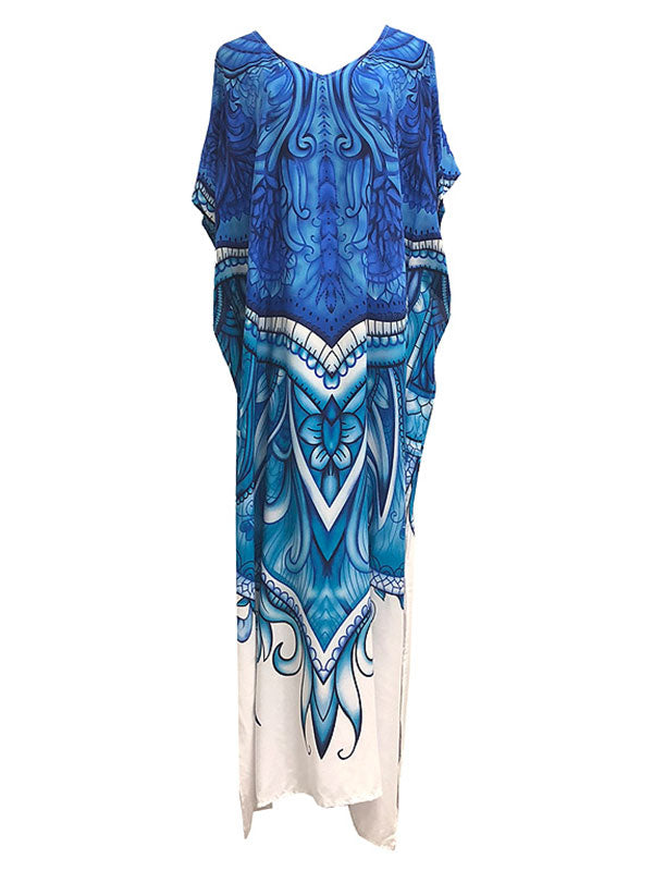 Ornate Print V-Neck Kimono Sleeve Kaftan Maxi Dress 5