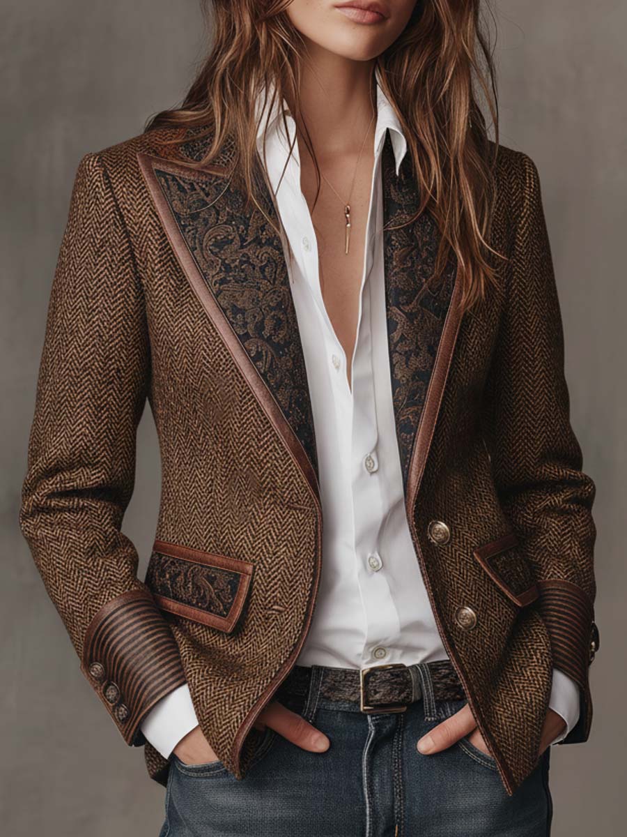 Herringbone Tweed Paisley Panel Faux Leather Trim Blazer