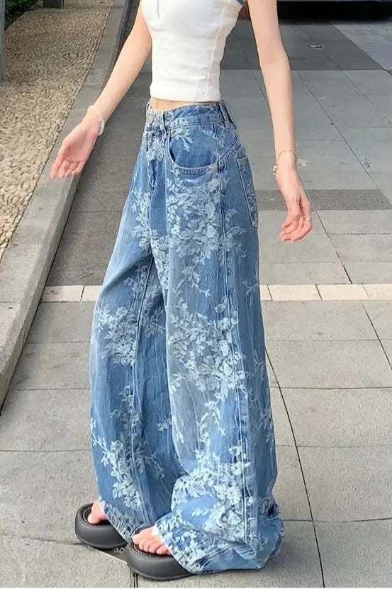 High Waisted Jacquard Baggy Jeans