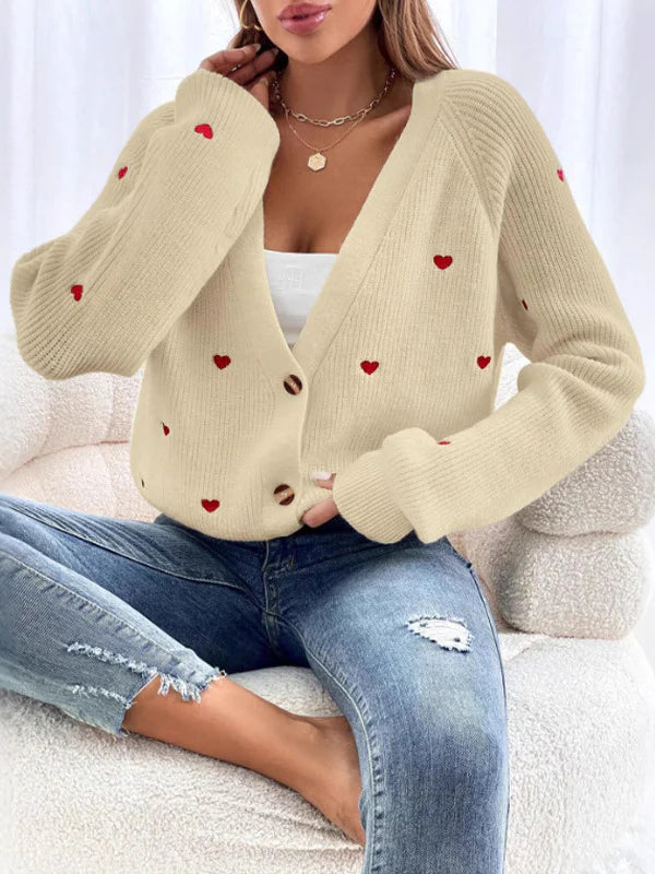 Heart Embroidery V-Neck Cardigan for Cozy Elegance