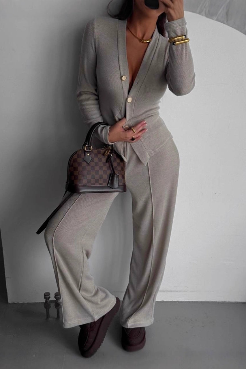 Button Cardigan Pants Casual Two Piece Set