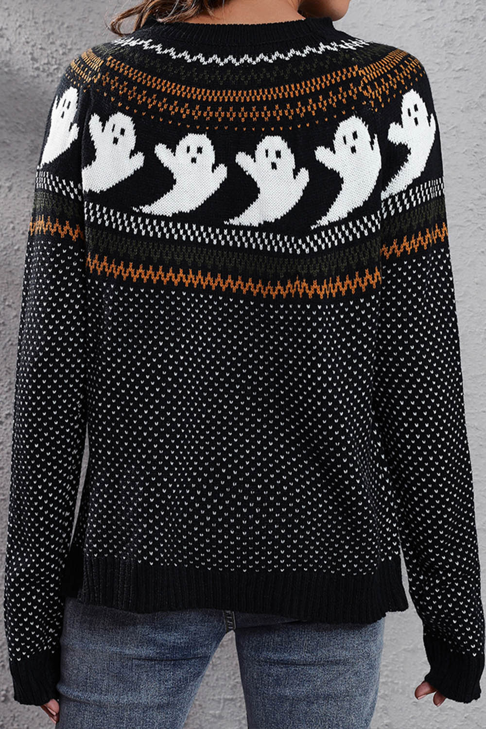 Halloween Ghost Retro Polka Dot Long Sleeve Knitted Sweater - Fashionpara