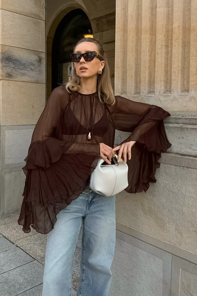 Ruffle Sleeve Loose Chiffon Blouse - Fashionpara