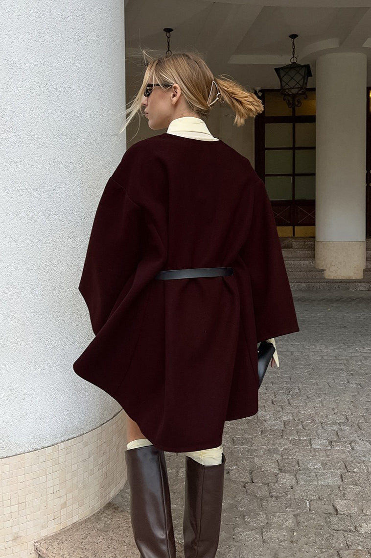 Chic Bell Sleeve V-Neck Solid Wool Coat