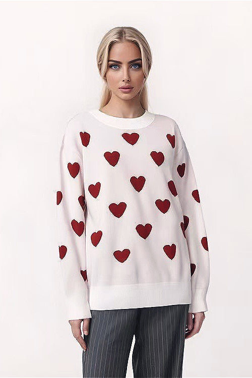 Heart-Accented Long-Sleeve Loose Sweater for Cozy Style