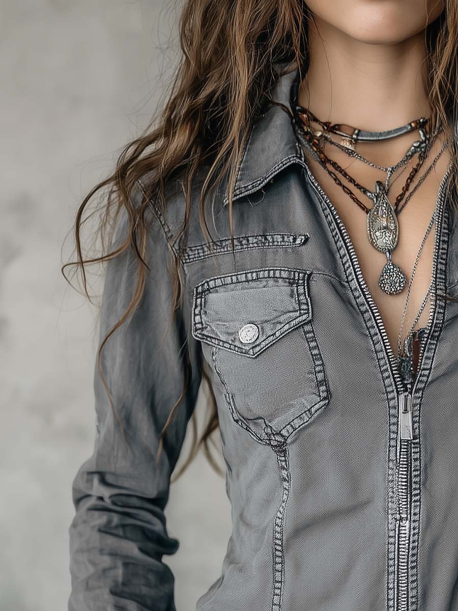 Retro Flap Pocket Zipper Placket Long-sleeved Denim Blouse