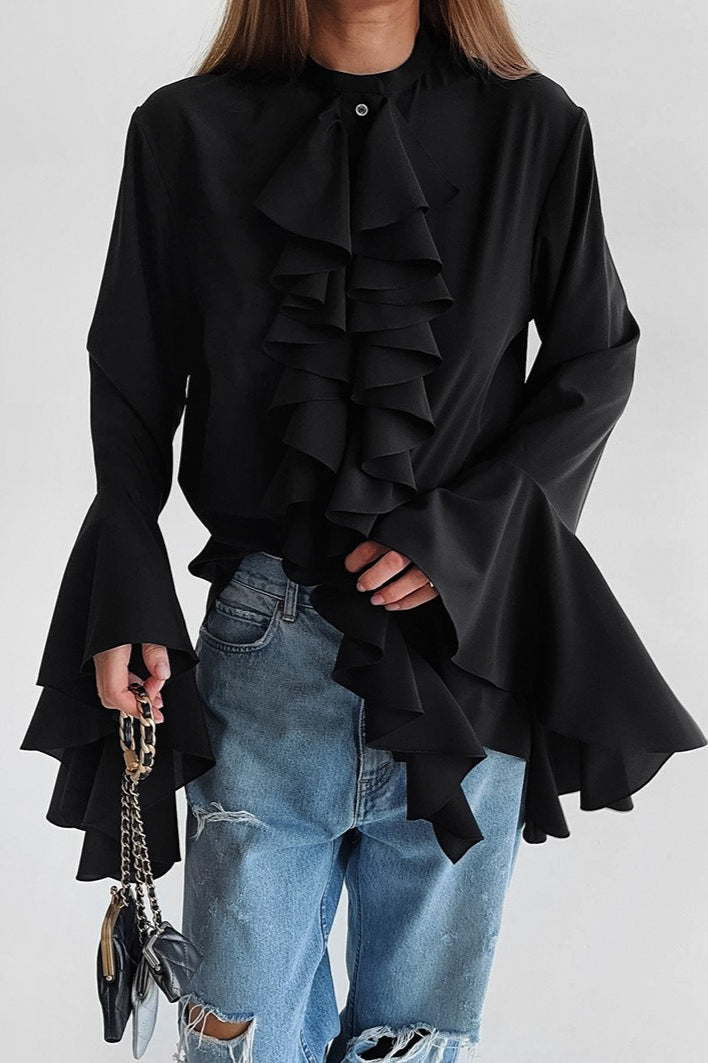 Elegant Ruffle Trim Button Blouse