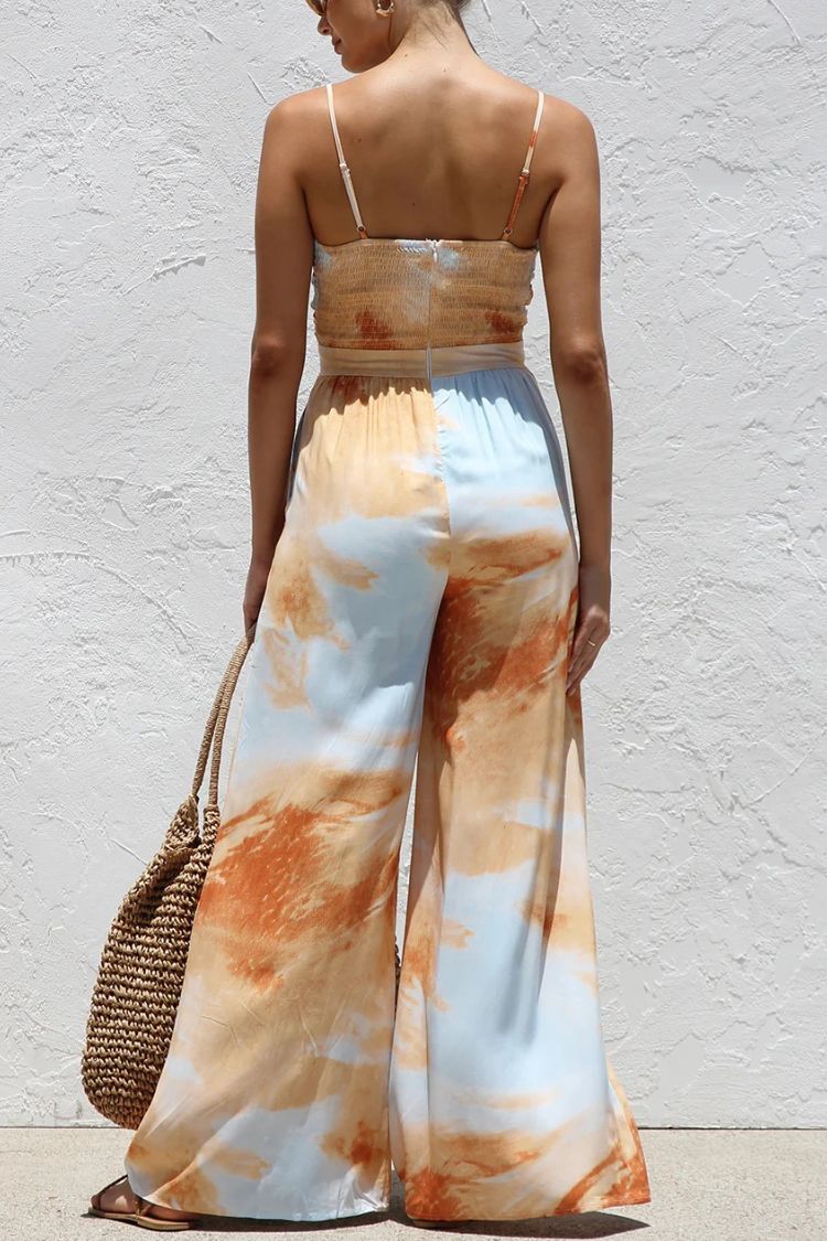Unique Printed Suspender Back Pleated Pocket Wide-leg Jumpsuit - Fashionpara