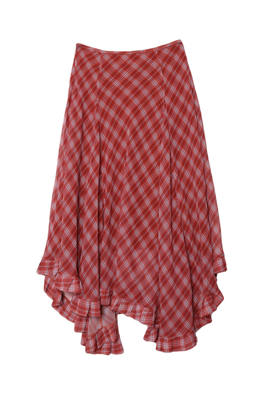 Plaid Asymmetric Ruffle Midi Skirt