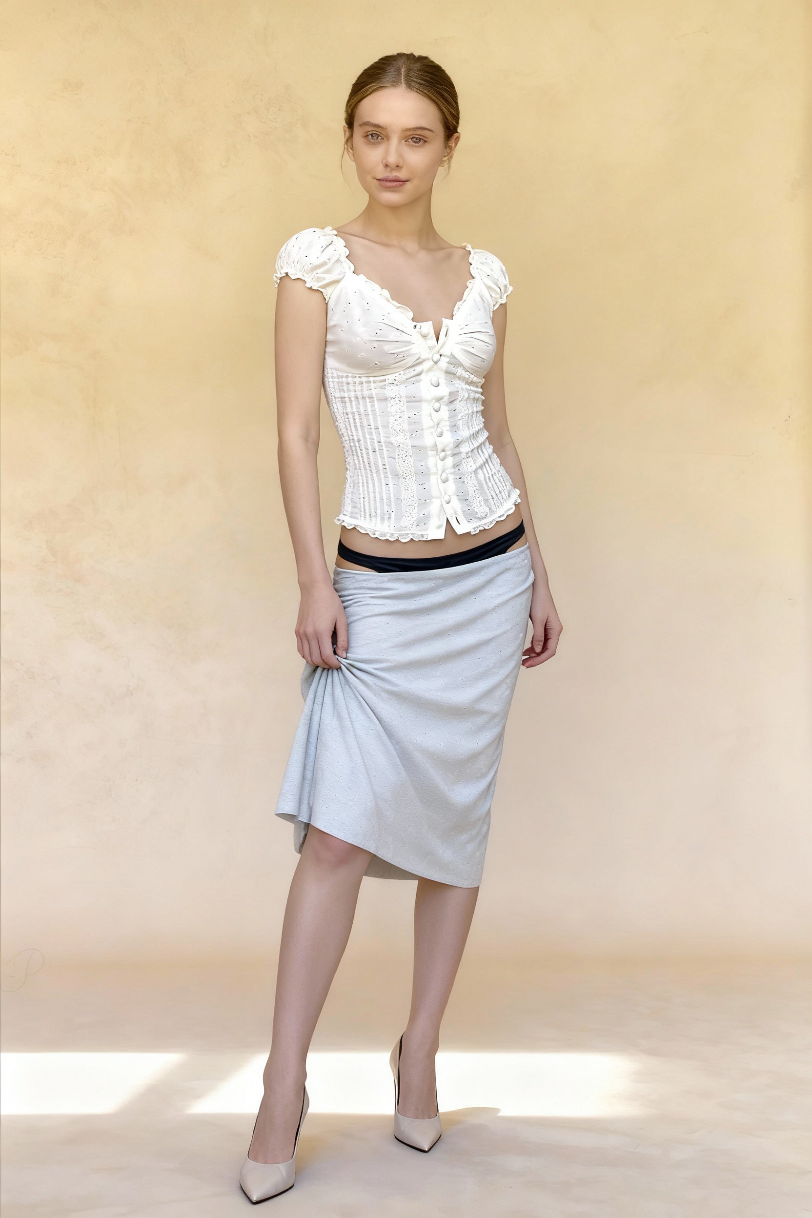 Retro Square Neck Button Down Short Sleeve Blouse