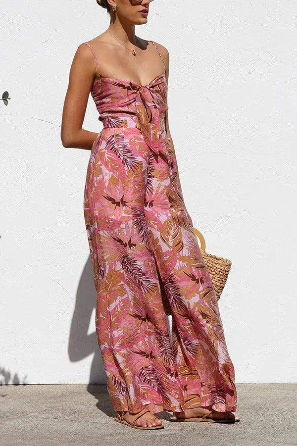 Botanical Print Strappy Resort Style Wide-leg Pants Jumpsuit - Fashionpara