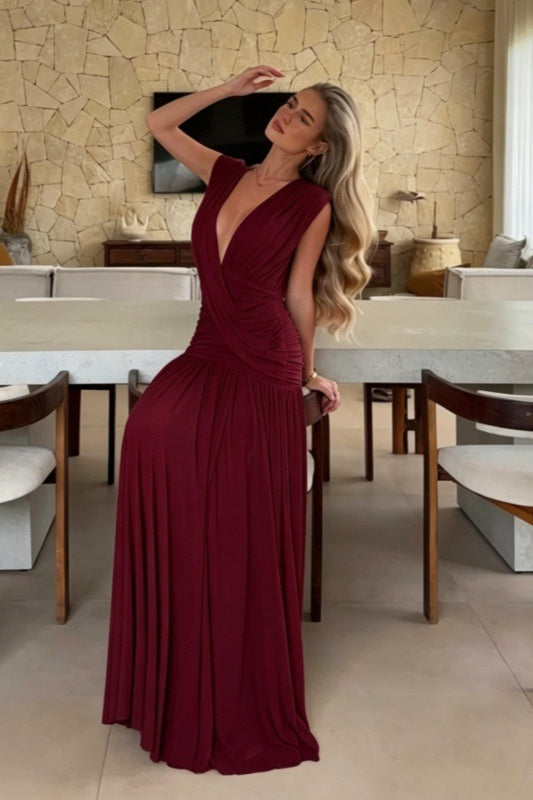 V-Neck Sleeveless Ruched Wrap Drop-Waist Maxi Dress