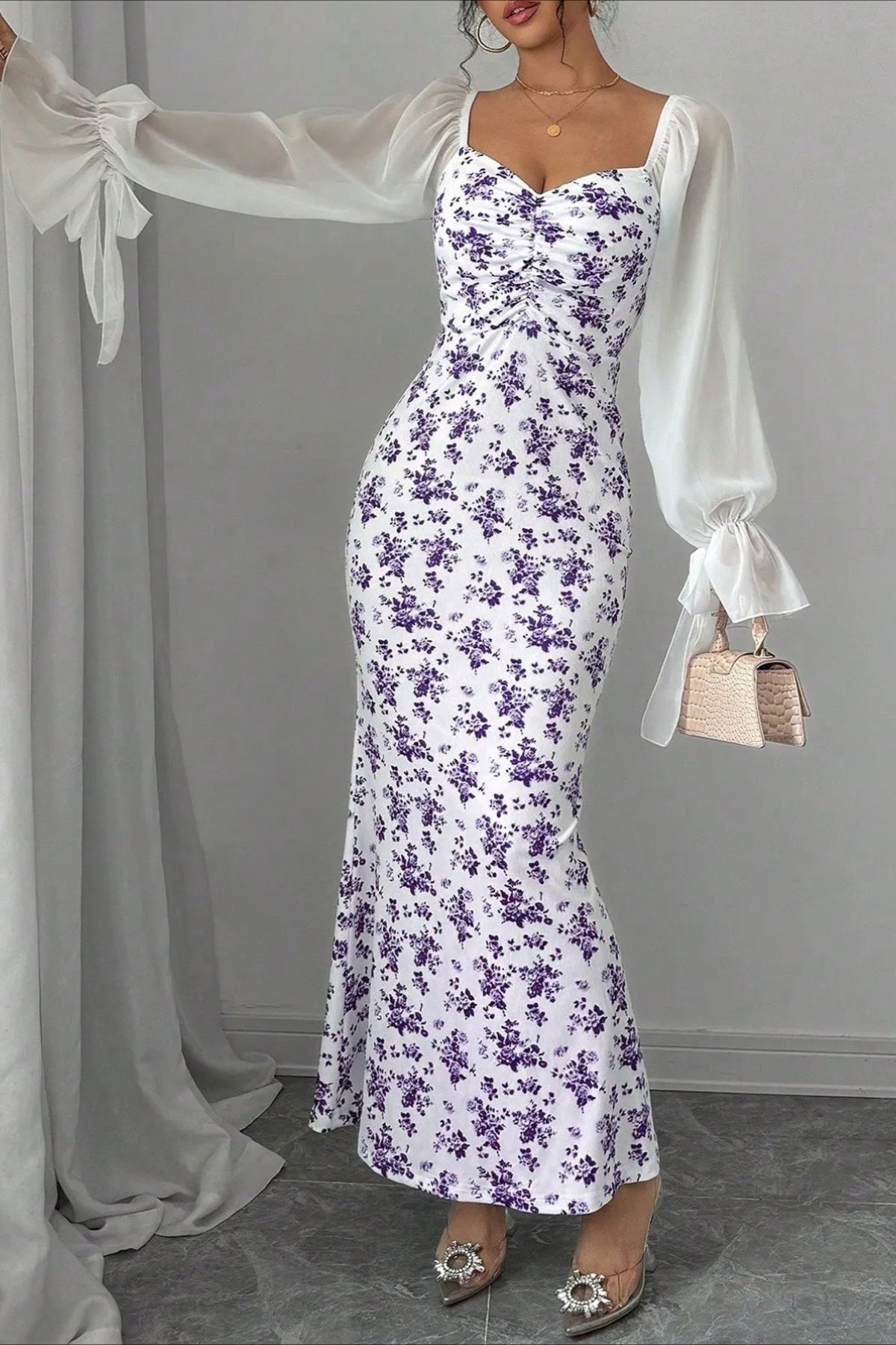 Floral Sweetheart Long Sleeve Ruched Mermaid Maxi Dress - View 6