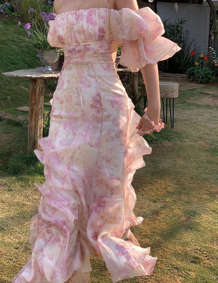 Elegant Flowers Pink Prom Dress Long Party Birthday Outfits