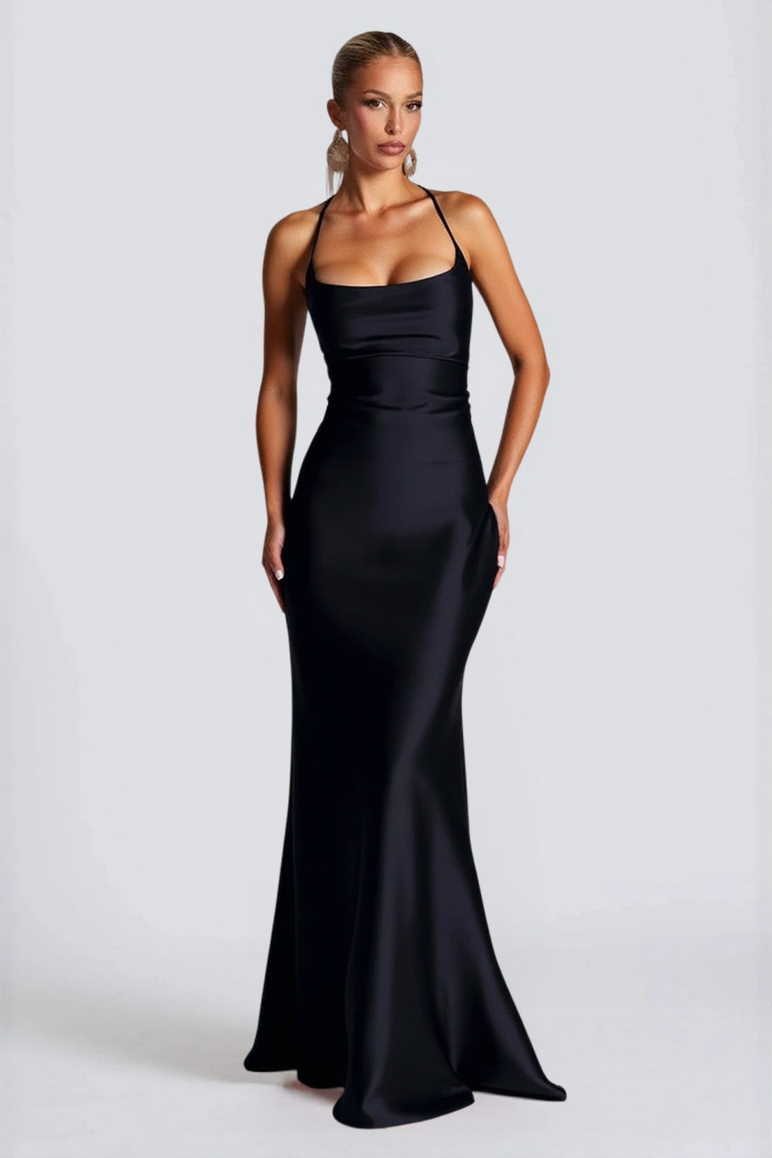 Satin Cowl Neck Spaghetti Strap Fishtail Gown