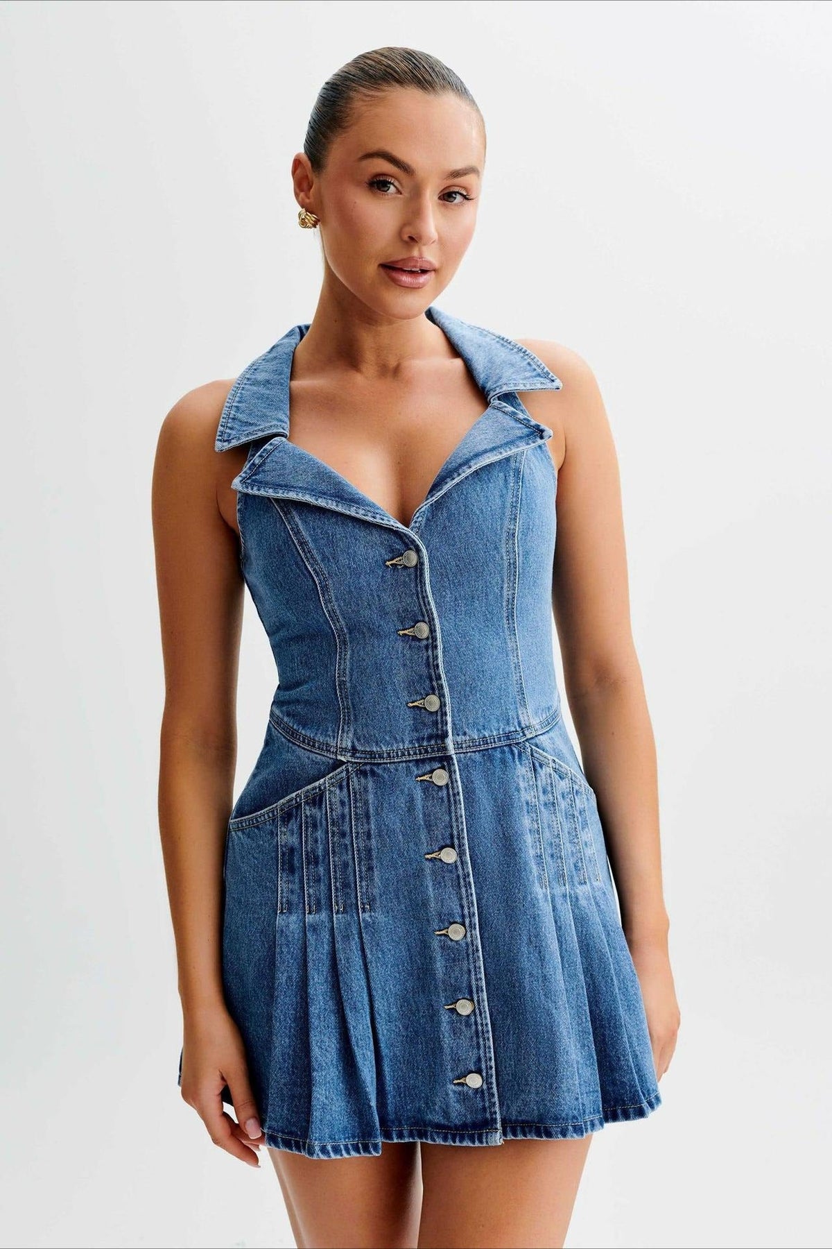 Sleeveless Halter Denim Dress