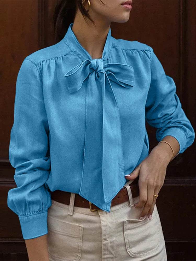 Bowtie Neck Pleating Blouse Casual Chic Blouse