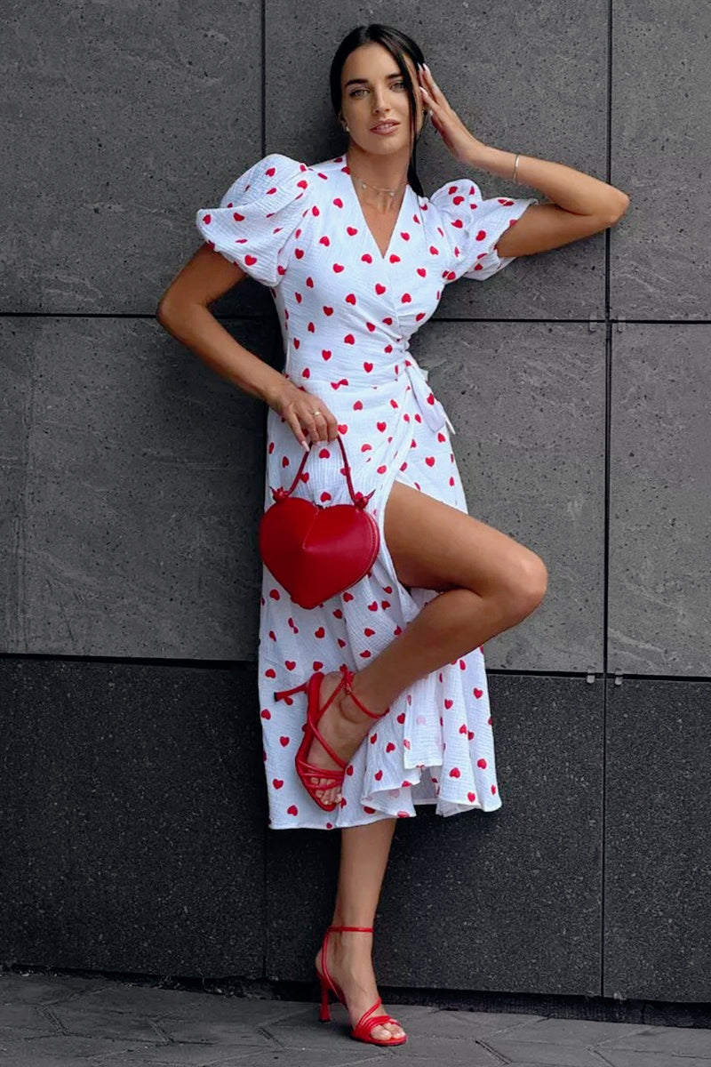 Puff Sleeve Floral Midi Wrap Dress