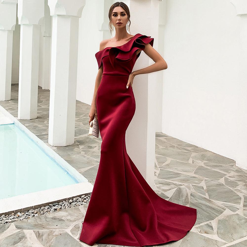 Ruffled Single Shoulder Evening Dress - Fashionpara
